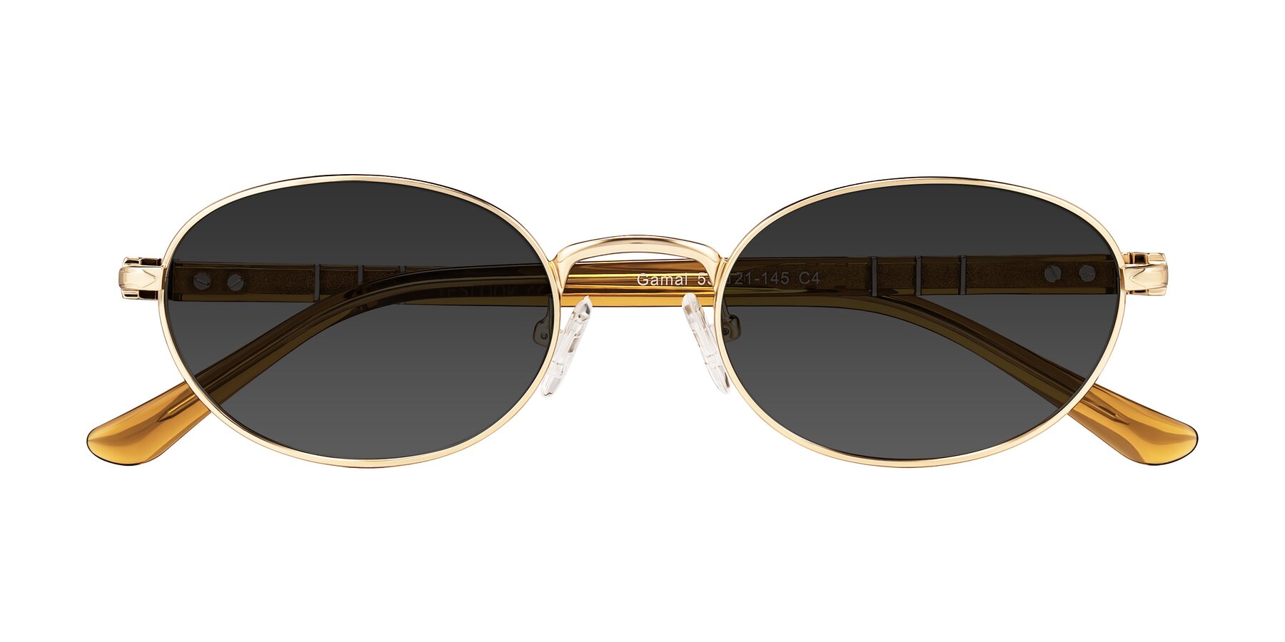 Folded Front of Gamal in Gold/Honey with Gray Tinted Lenses
