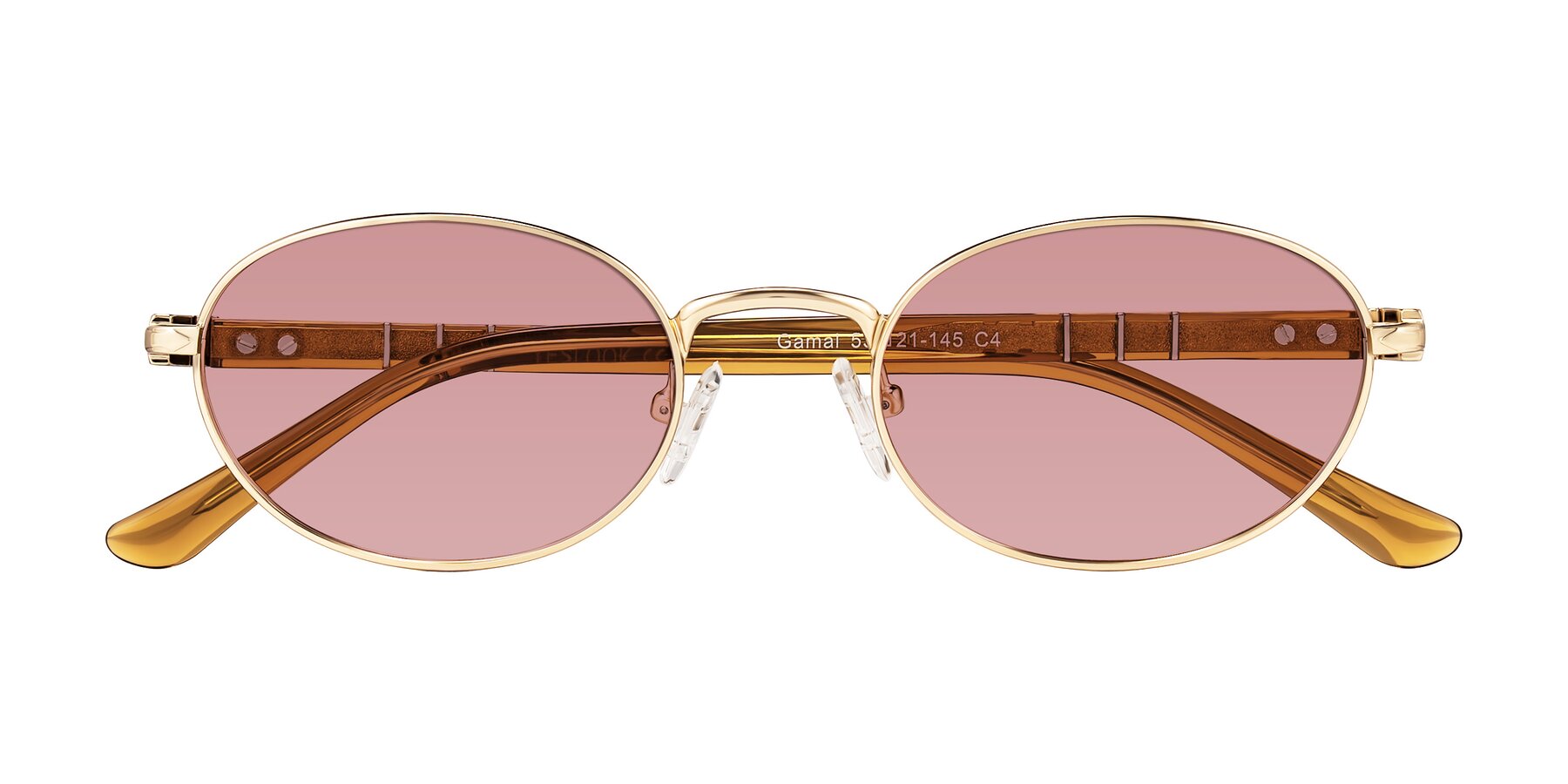 Folded Front of Gamal in Gold/Honey with Medium Garnet Tinted Lenses