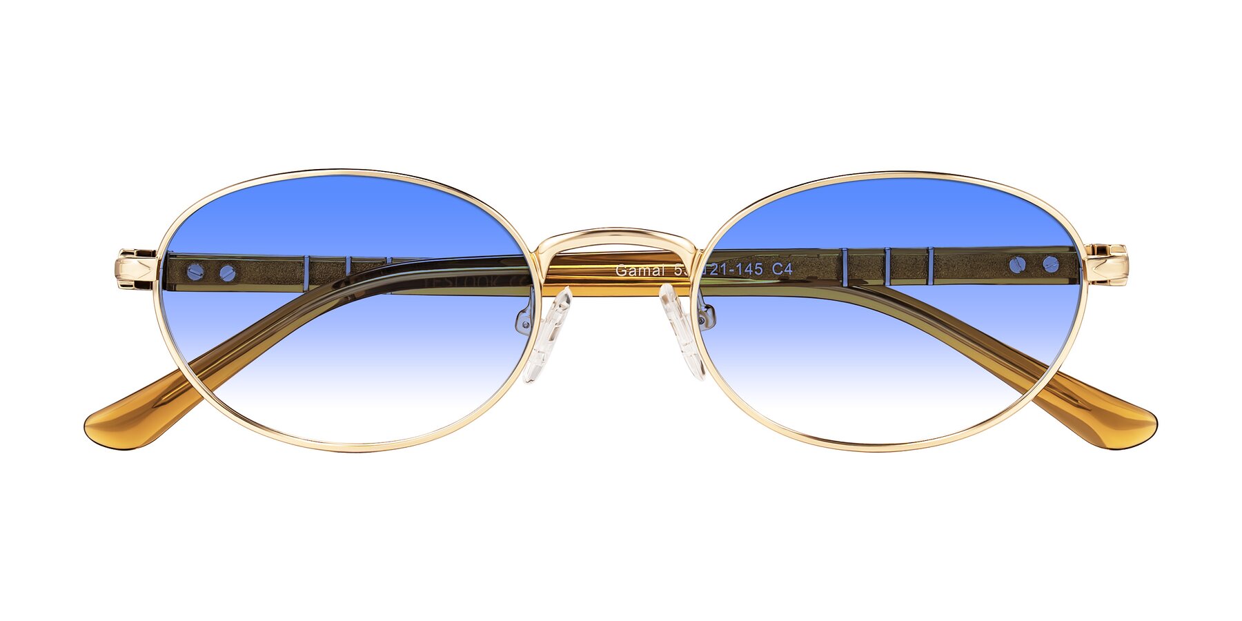 Folded Front of Gamal in Gold/Honey with Blue Gradient Lenses