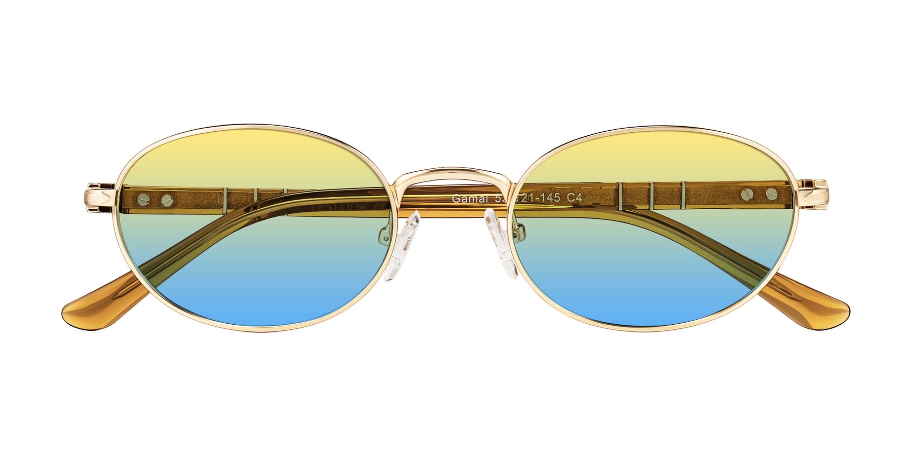 Folded Front of Gamal in Gold/Honey with Yellow / Blue Gradient Lenses