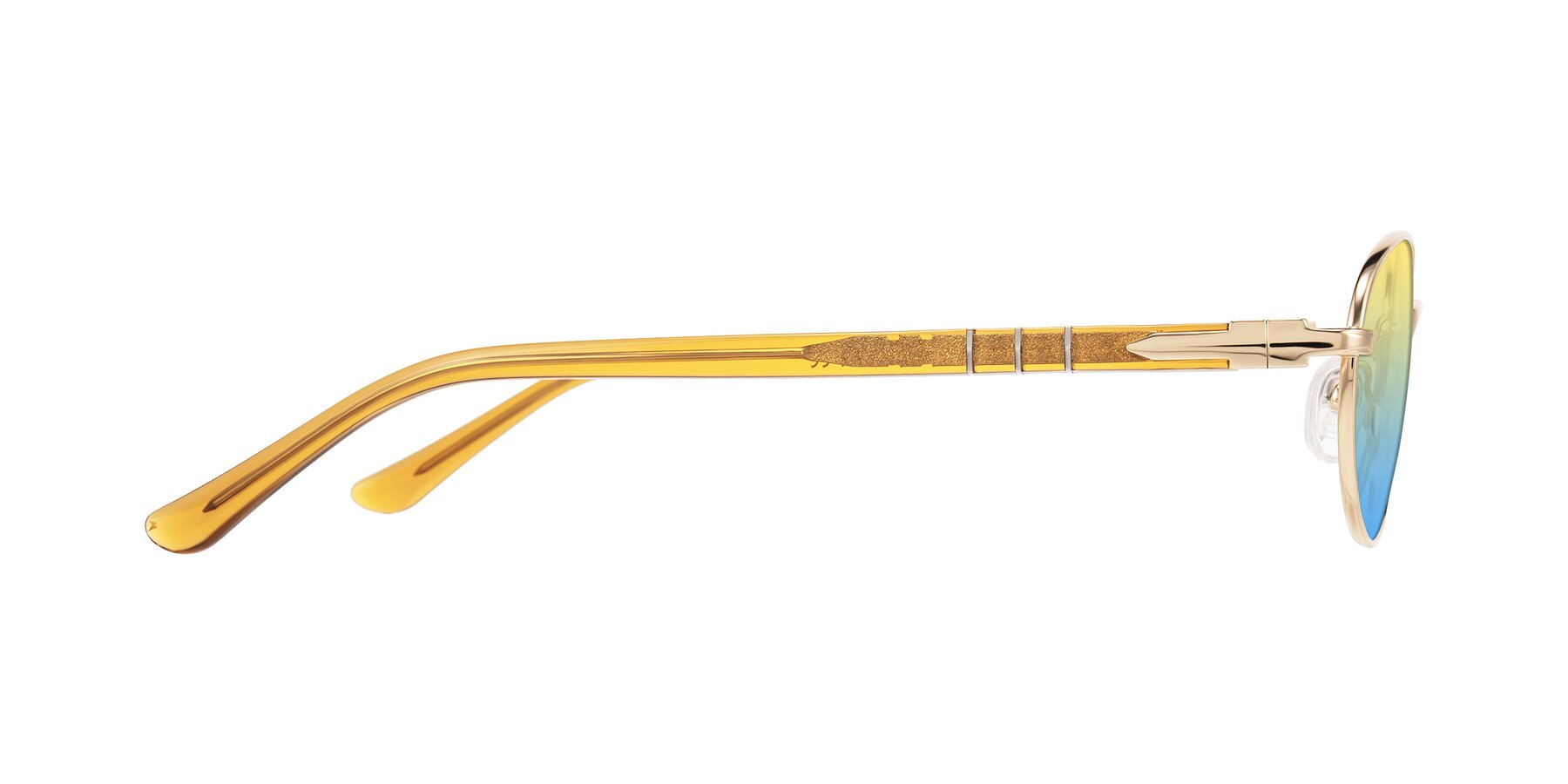 Side of Gamal in Gold/Honey with Yellow / Blue Gradient Lenses