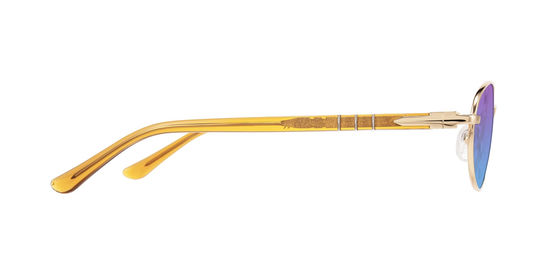 Side of Gamal in Gold/Honey with Purple / Blue Gradient Lenses