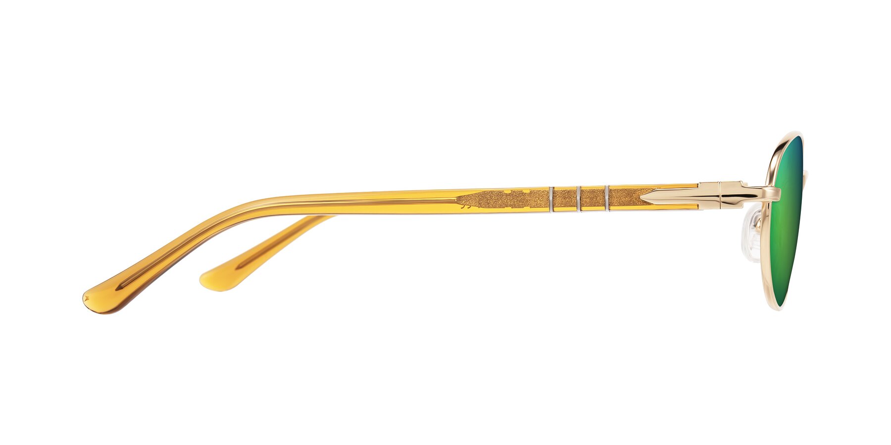 Side of Gamal in Gold/Honey with Green Mirrored Lenses