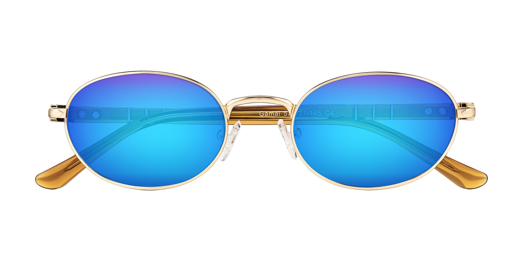 Folded Front of Gamal in Gold/Honey with Blue Mirrored Lenses