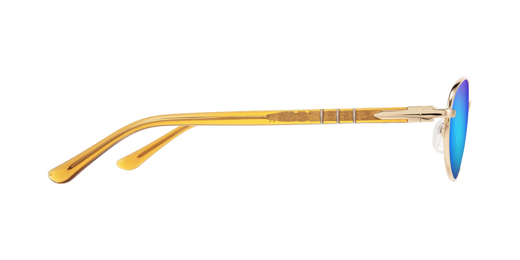 Side of Gamal in Gold/Honey with Blue Mirrored Lenses