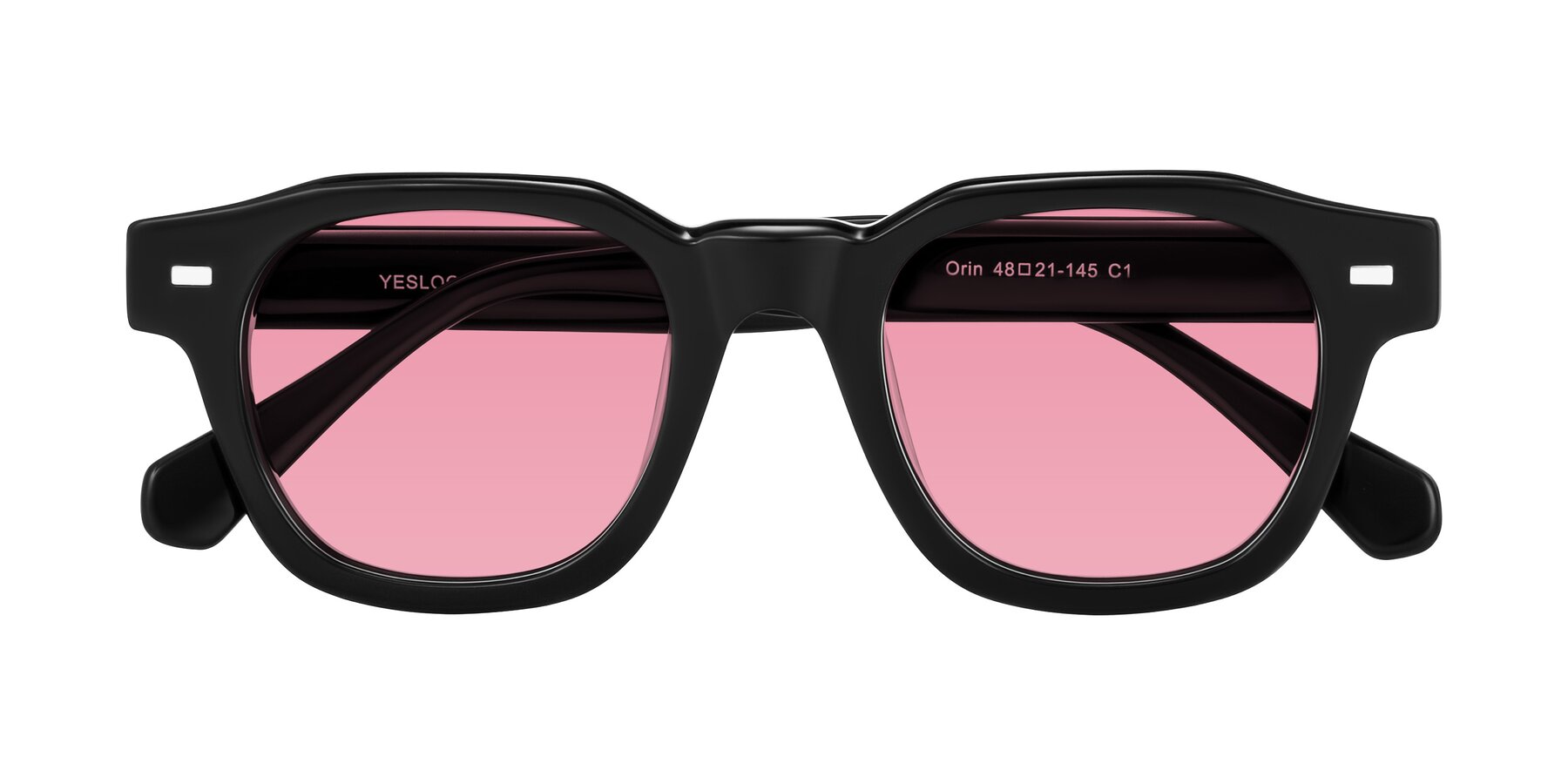 Folded Front of Orin in Black with Pink Tinted Lenses