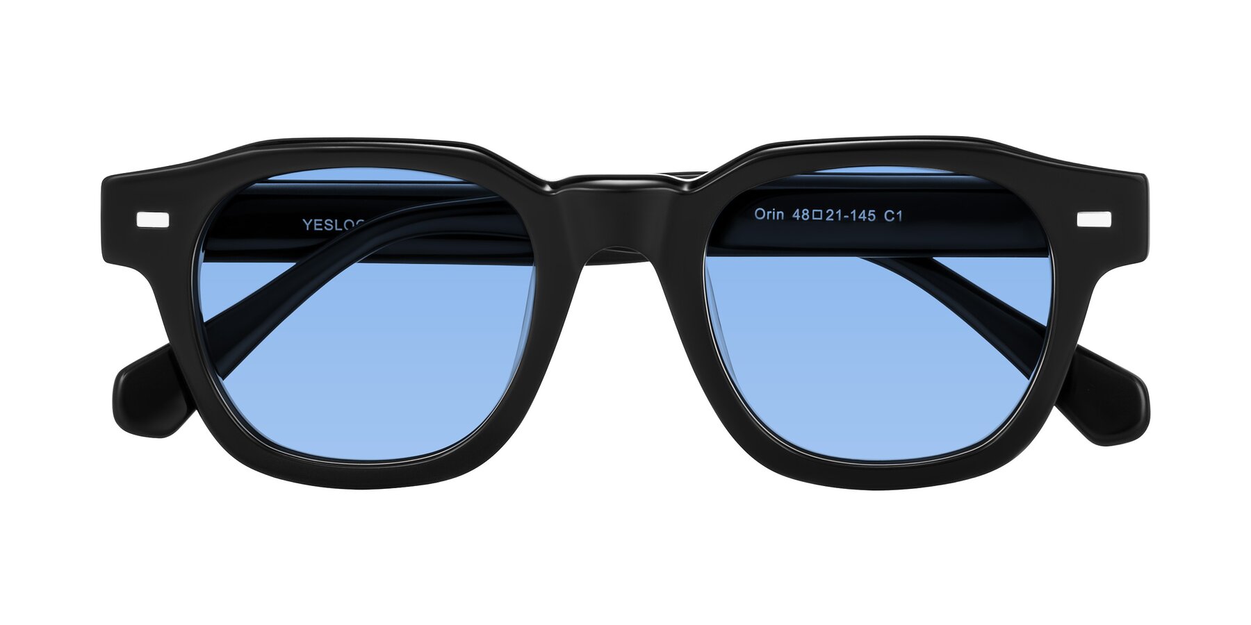 Folded Front of Orin in Black with Medium Blue Tinted Lenses