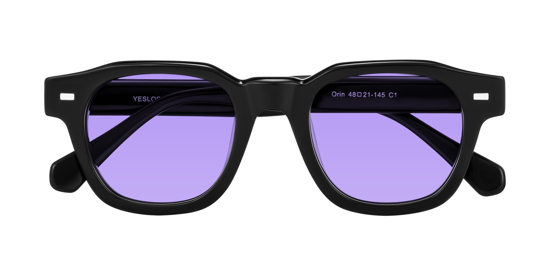 Folded Front of Orin in Black with Medium Purple Tinted Lenses