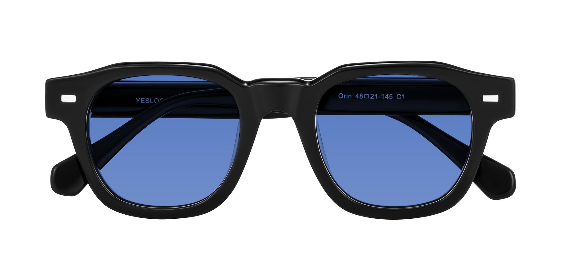 Folded Front of Orin in Black with Blue Tinted Lenses