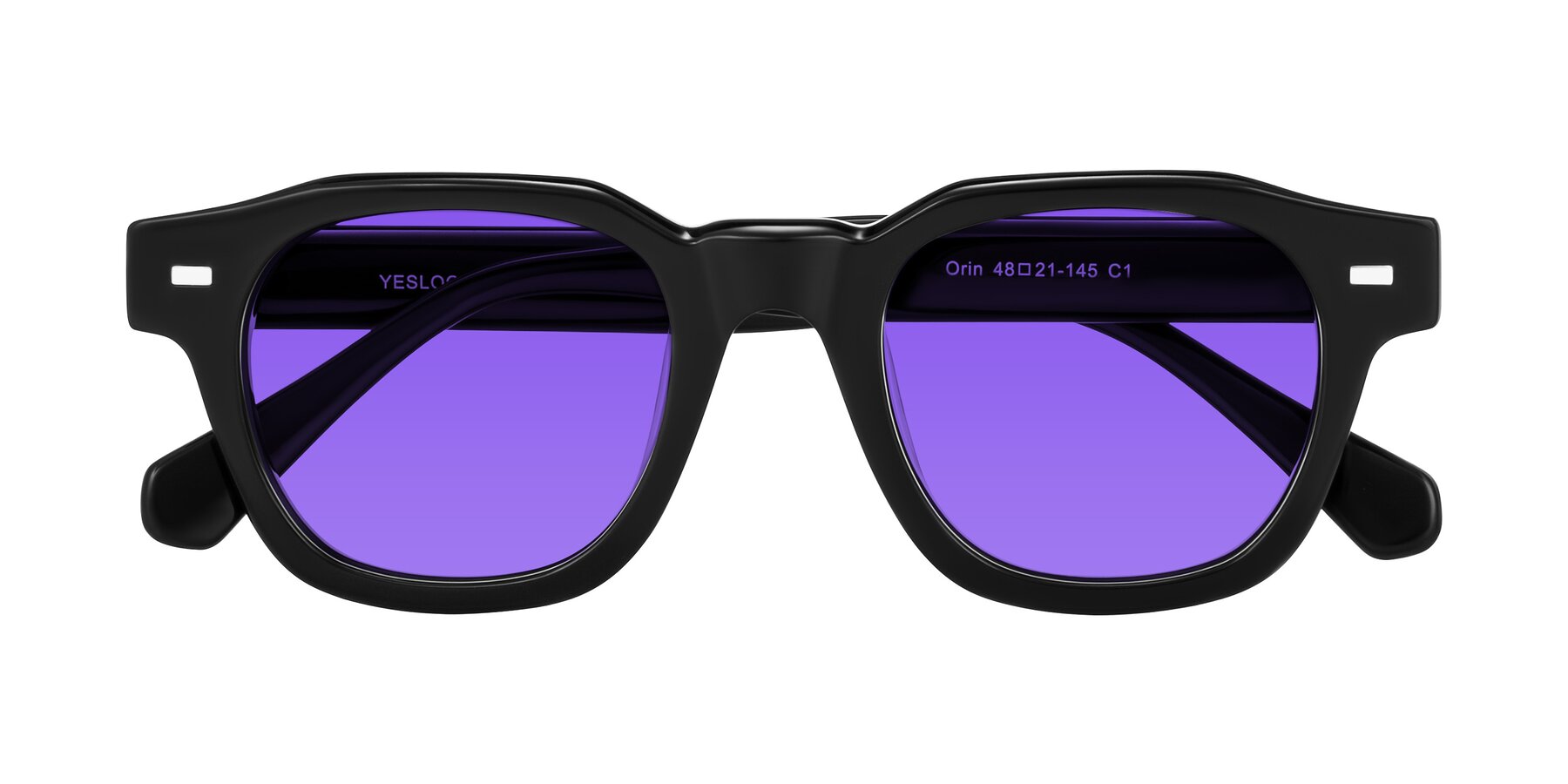 Folded Front of Orin in Black with Purple Tinted Lenses