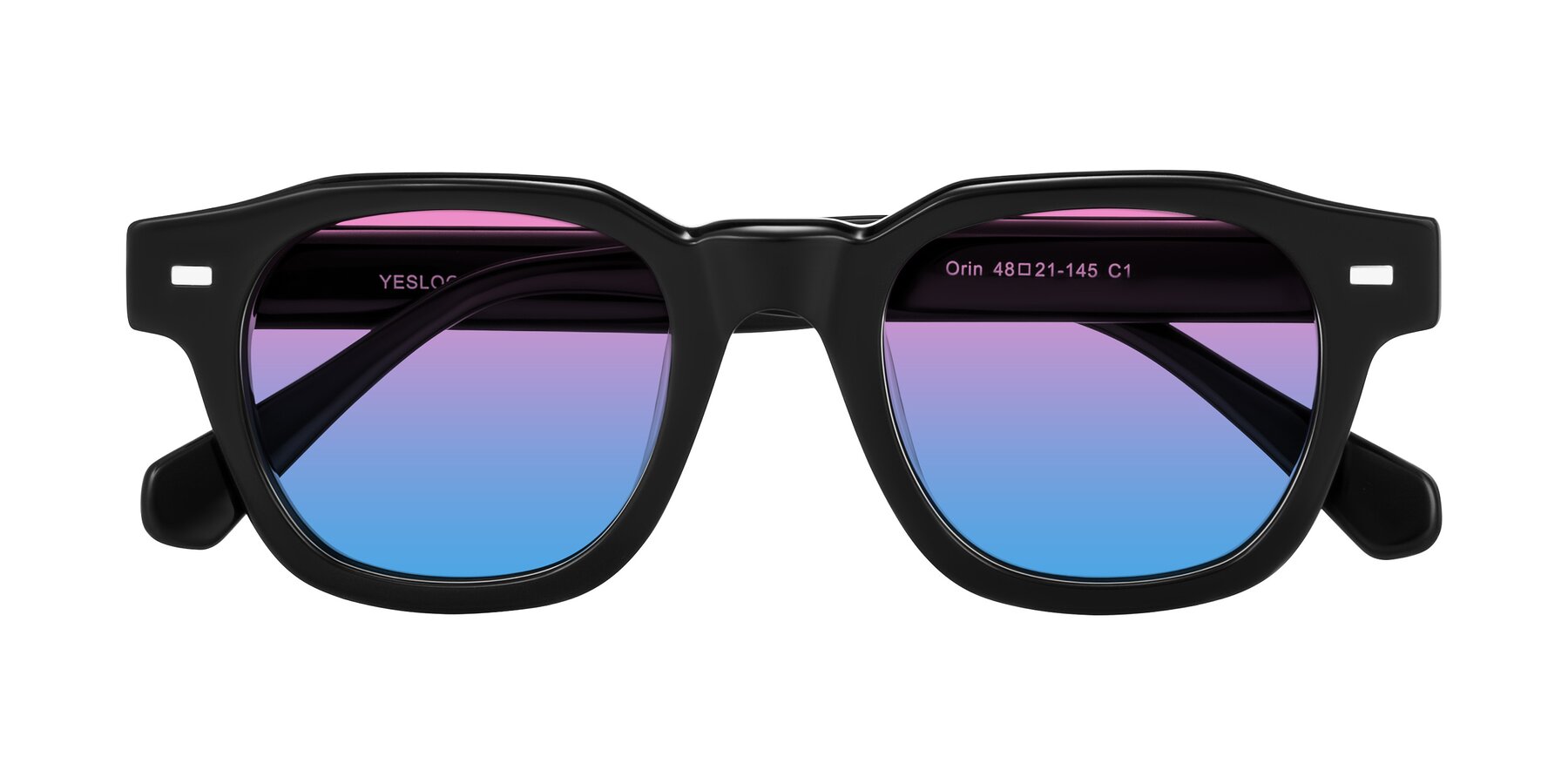 Folded Front of Orin in Black with Pink / Blue Gradient Lenses