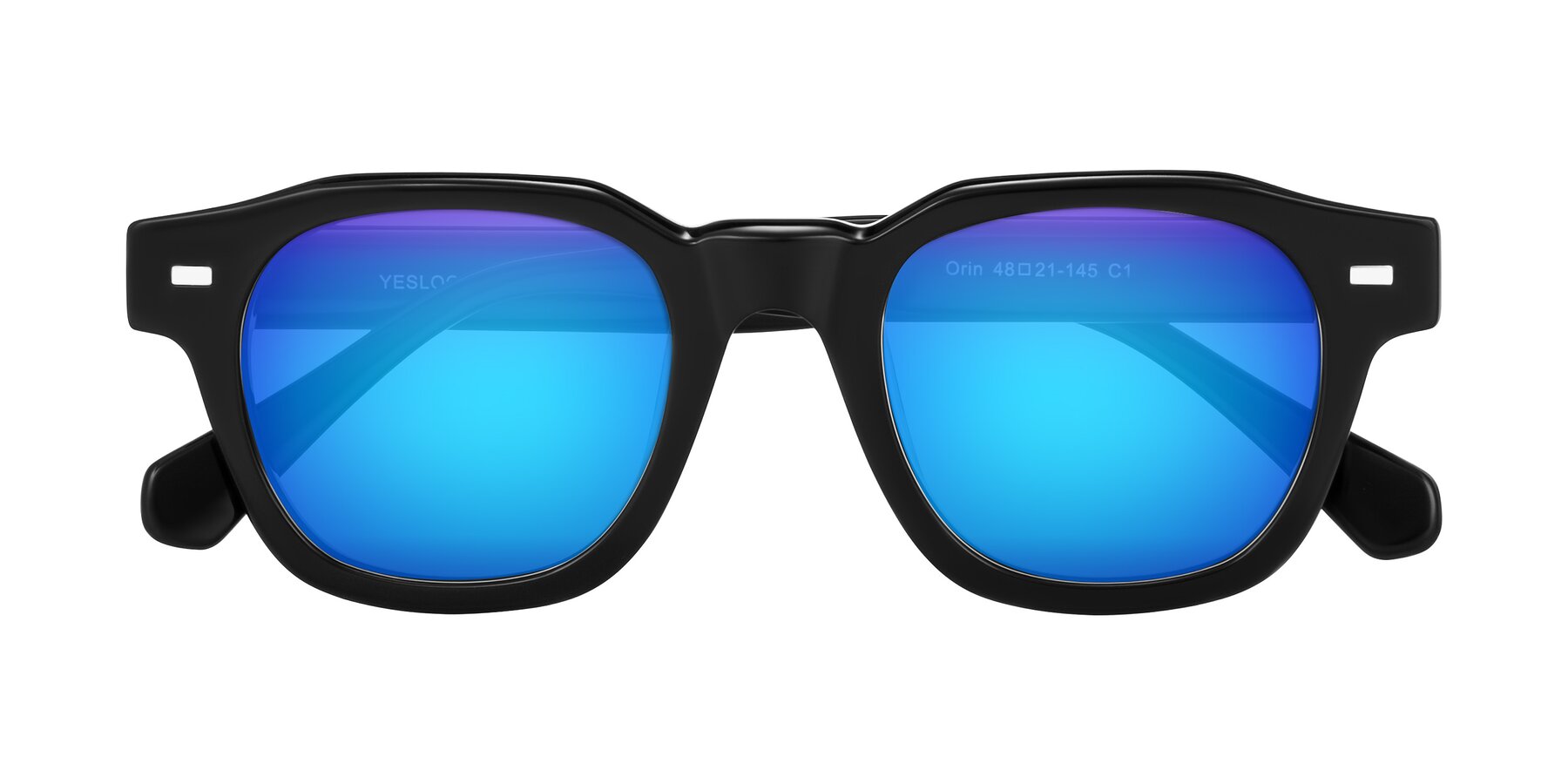 Folded Front of Orin in Black with Blue Mirrored Lenses