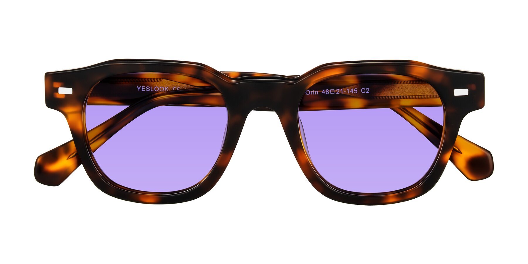 Folded Front of Orin in Tortoise with Medium Purple Tinted Lenses