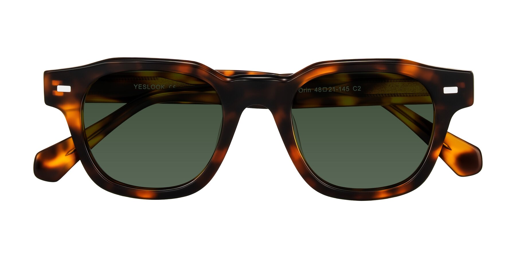 Folded Front of Orin in Tortoise with Green Tinted Lenses