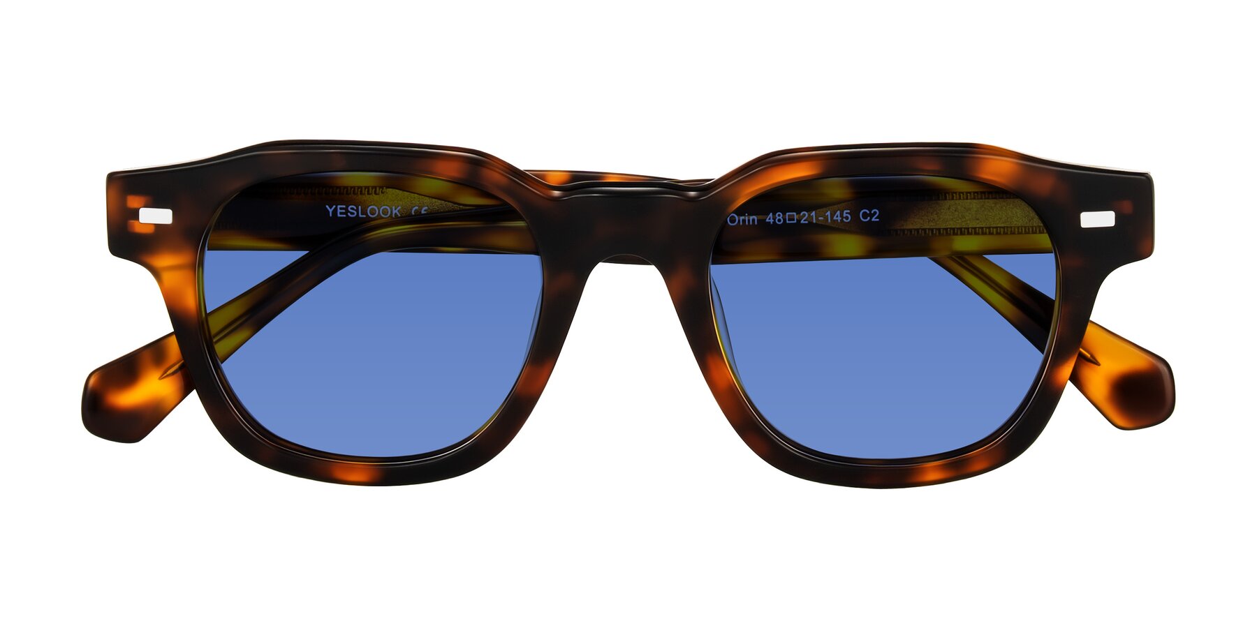 Folded Front of Orin in Tortoise with Blue Tinted Lenses