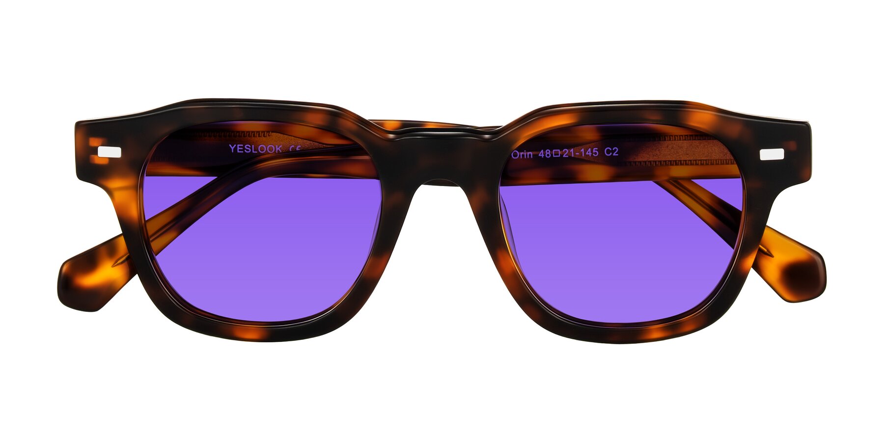 Folded Front of Orin in Tortoise with Purple Tinted Lenses