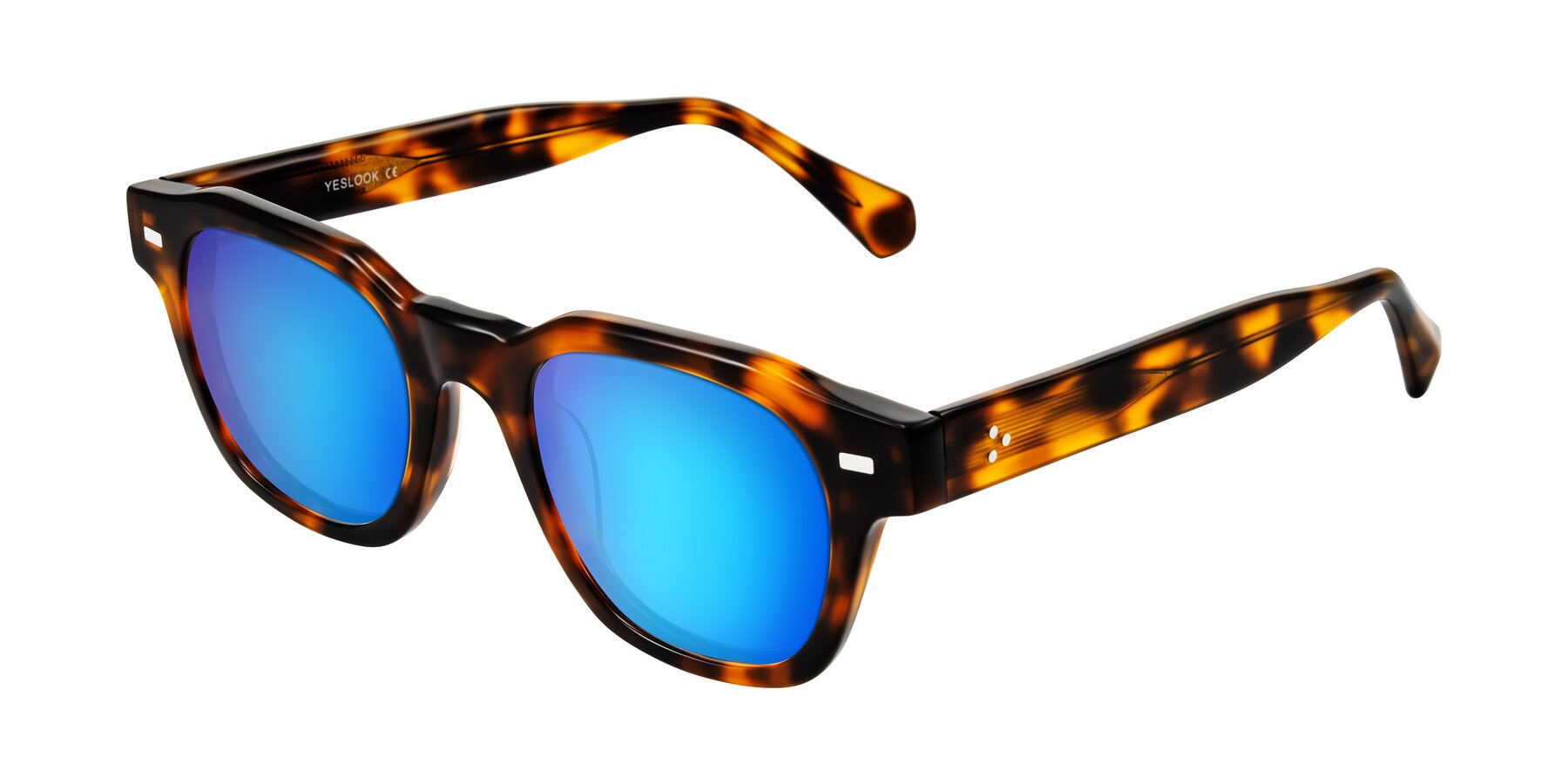 Angle of Orin in Tortoise with Blue Mirrored Lenses