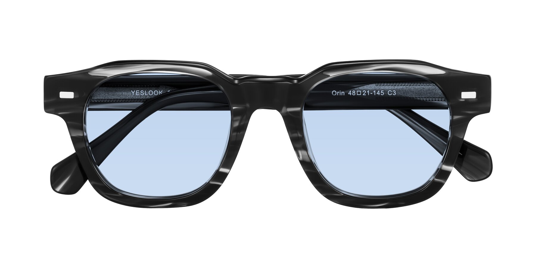 Folded Front of Orin in Dark Gray Striped with Light Blue Tinted Lenses