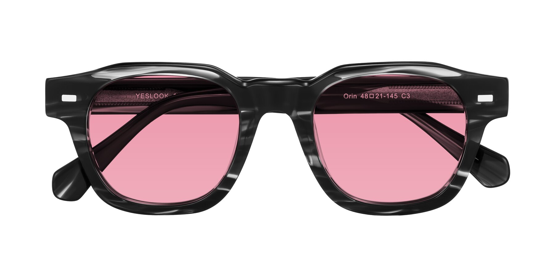 Folded Front of Orin in Dark Gray Striped with Pink Tinted Lenses