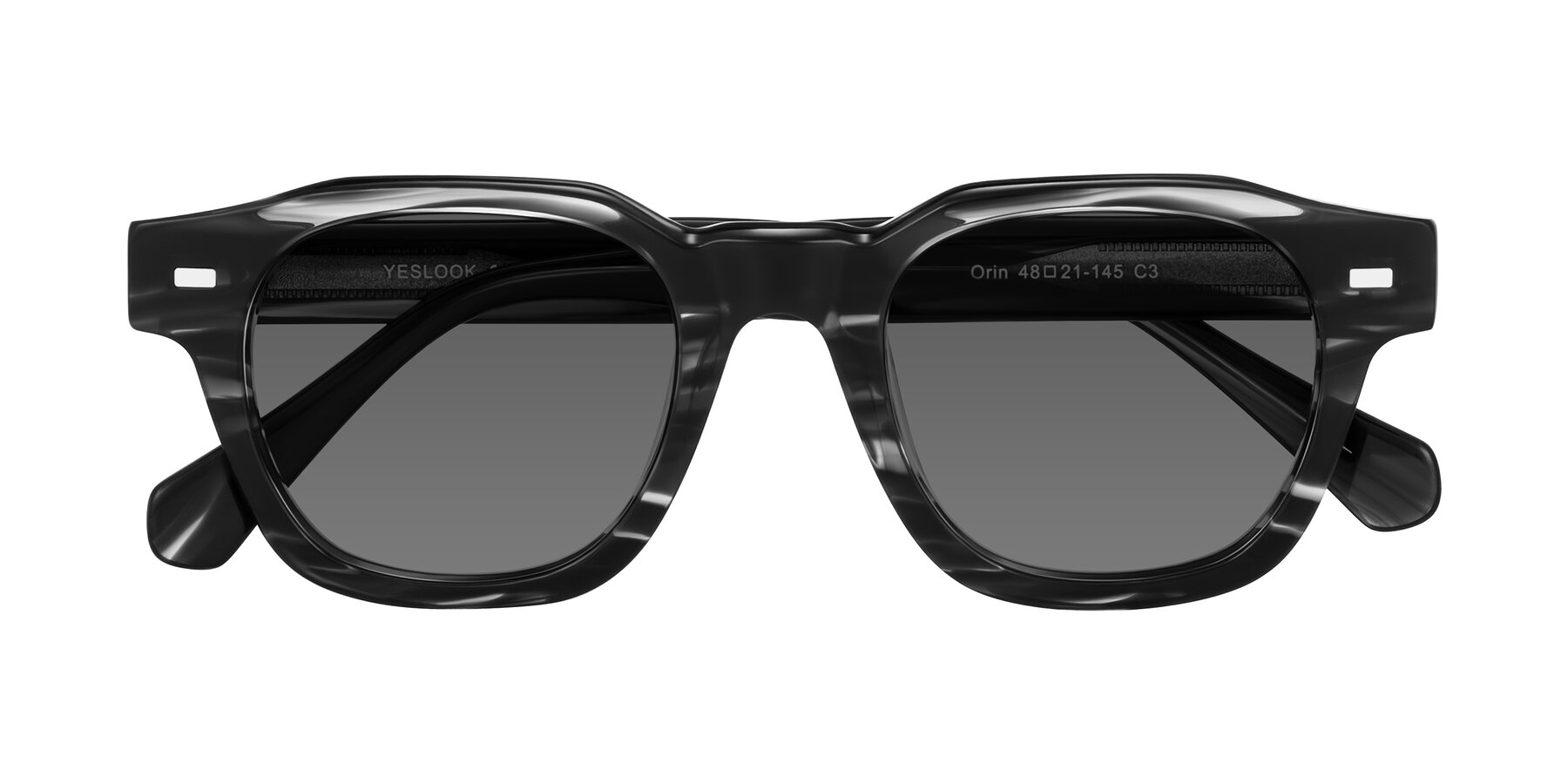 Folded Front of Orin in Dark Gray Striped with Medium Gray Tinted Lenses