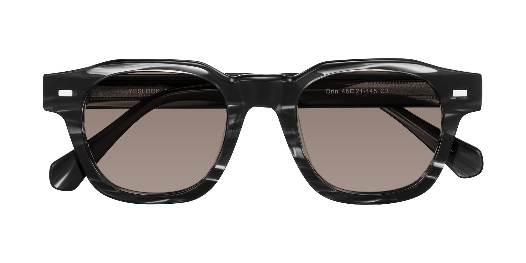 Folded Front of Orin in Dark Gray Striped with Medium Brown Tinted Lenses