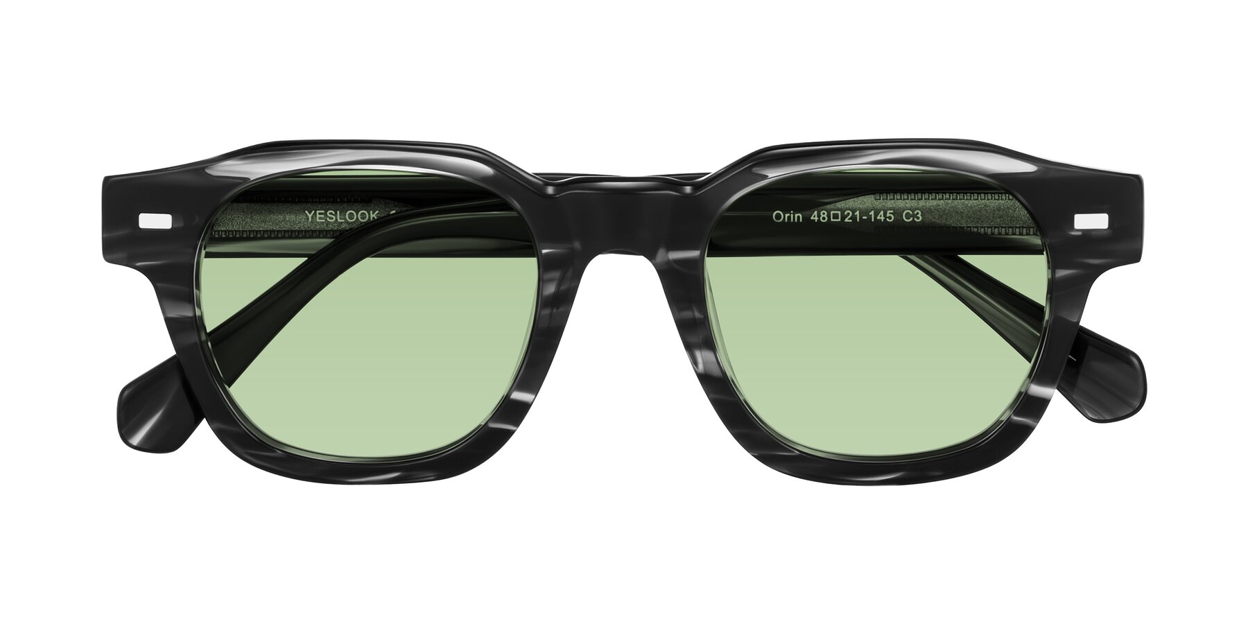 Folded Front of Orin in Dark Gray Striped with Medium Green Tinted Lenses