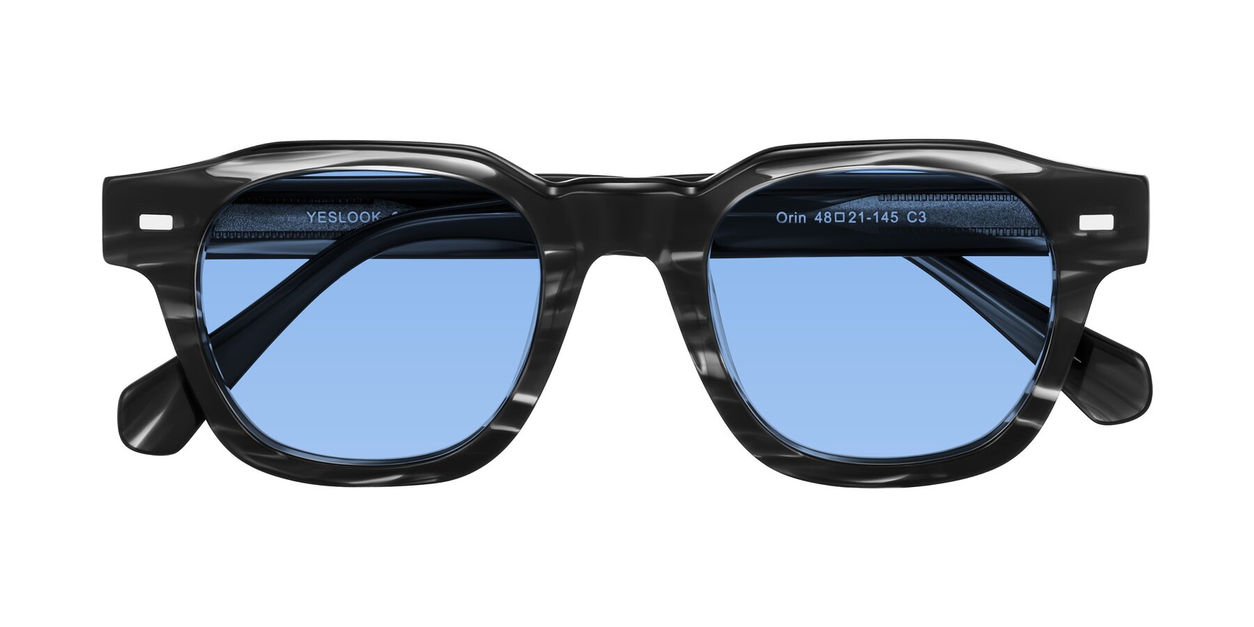 Folded Front of Orin in Dark Gray Striped with Medium Blue Tinted Lenses