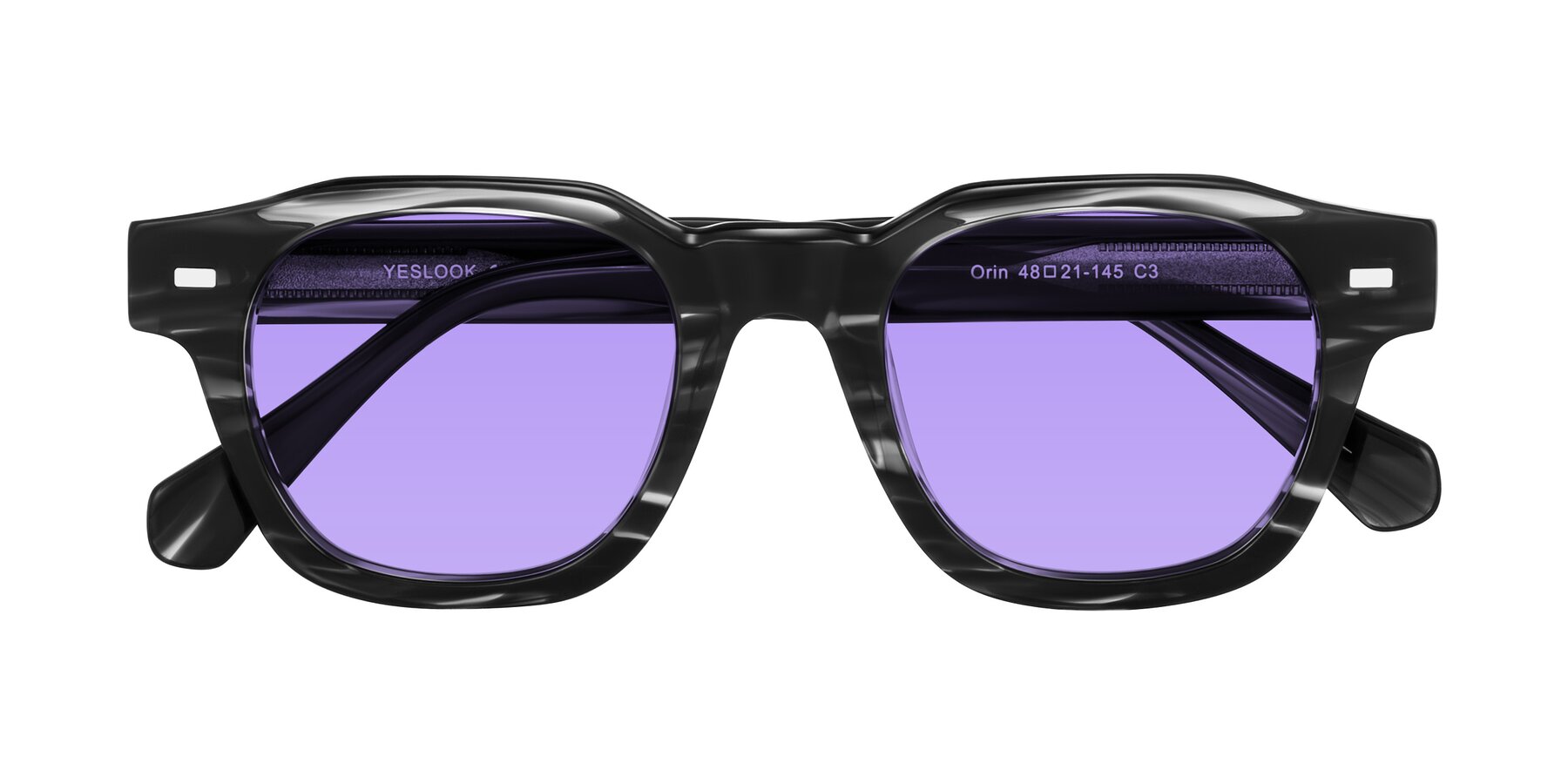 Folded Front of Orin in Dark Gray Striped with Medium Purple Tinted Lenses