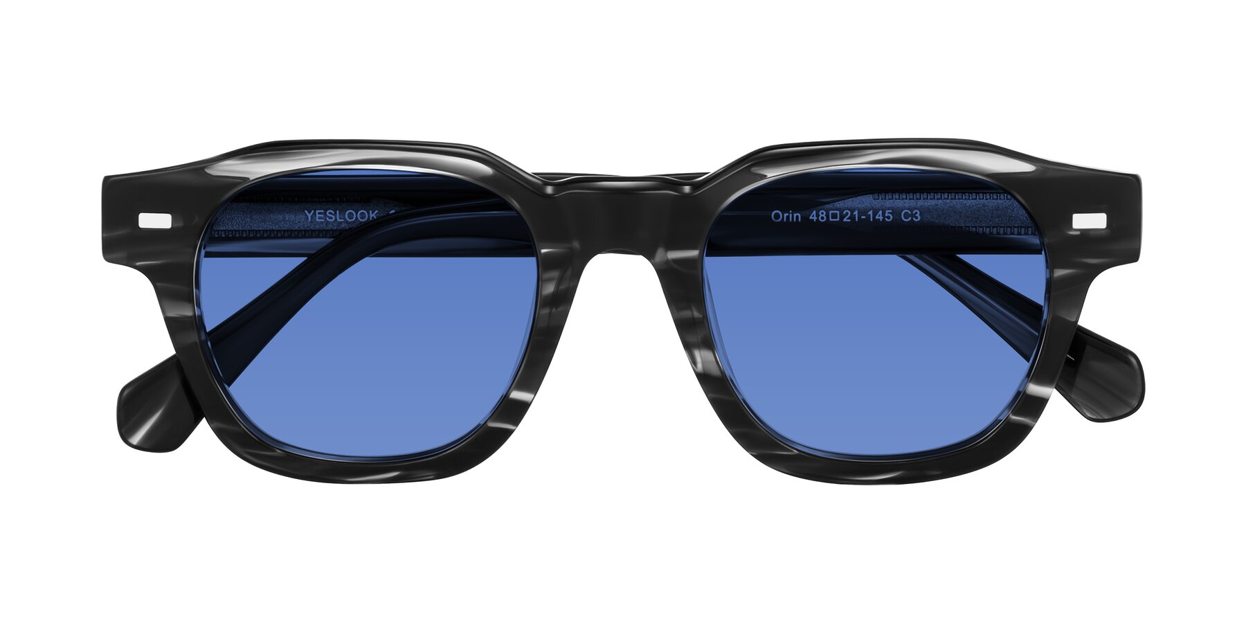 Folded Front of Orin in Dark Gray Striped with Blue Tinted Lenses