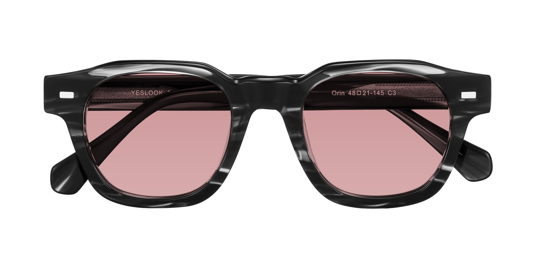 Folded Front of Orin in Dark Gray Striped with Medium Garnet Tinted Lenses