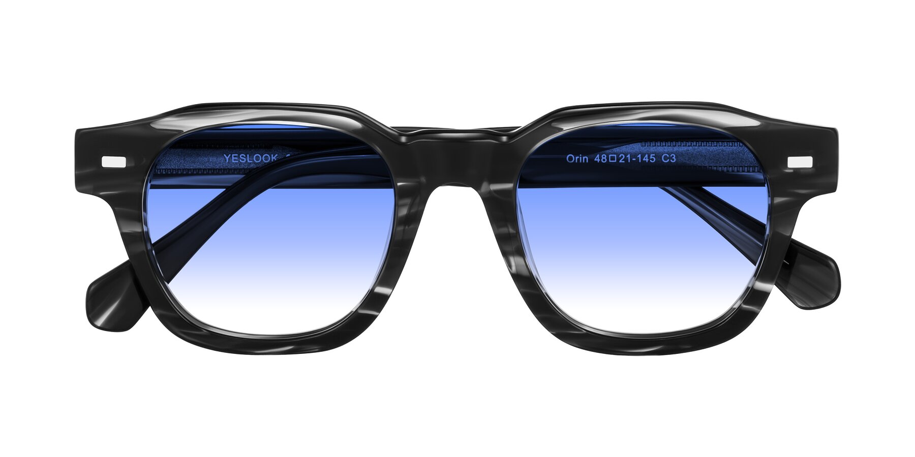 Folded Front of Orin in Dark Gray Striped with Blue Gradient Lenses