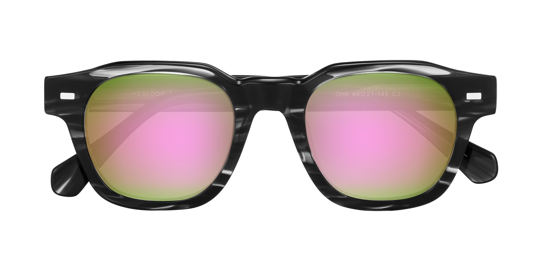 Folded Front of Orin in Dark Gray Striped with Pink Mirrored Lenses