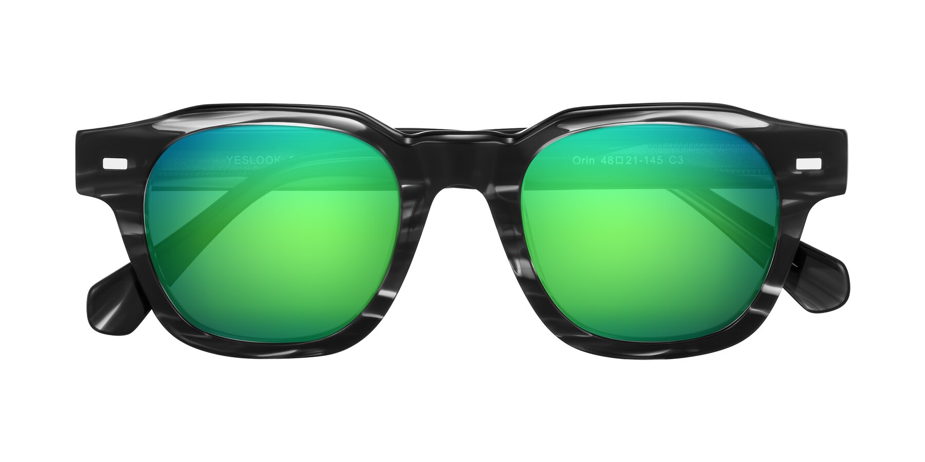 Folded Front of Orin in Dark Gray Striped with Green Mirrored Lenses