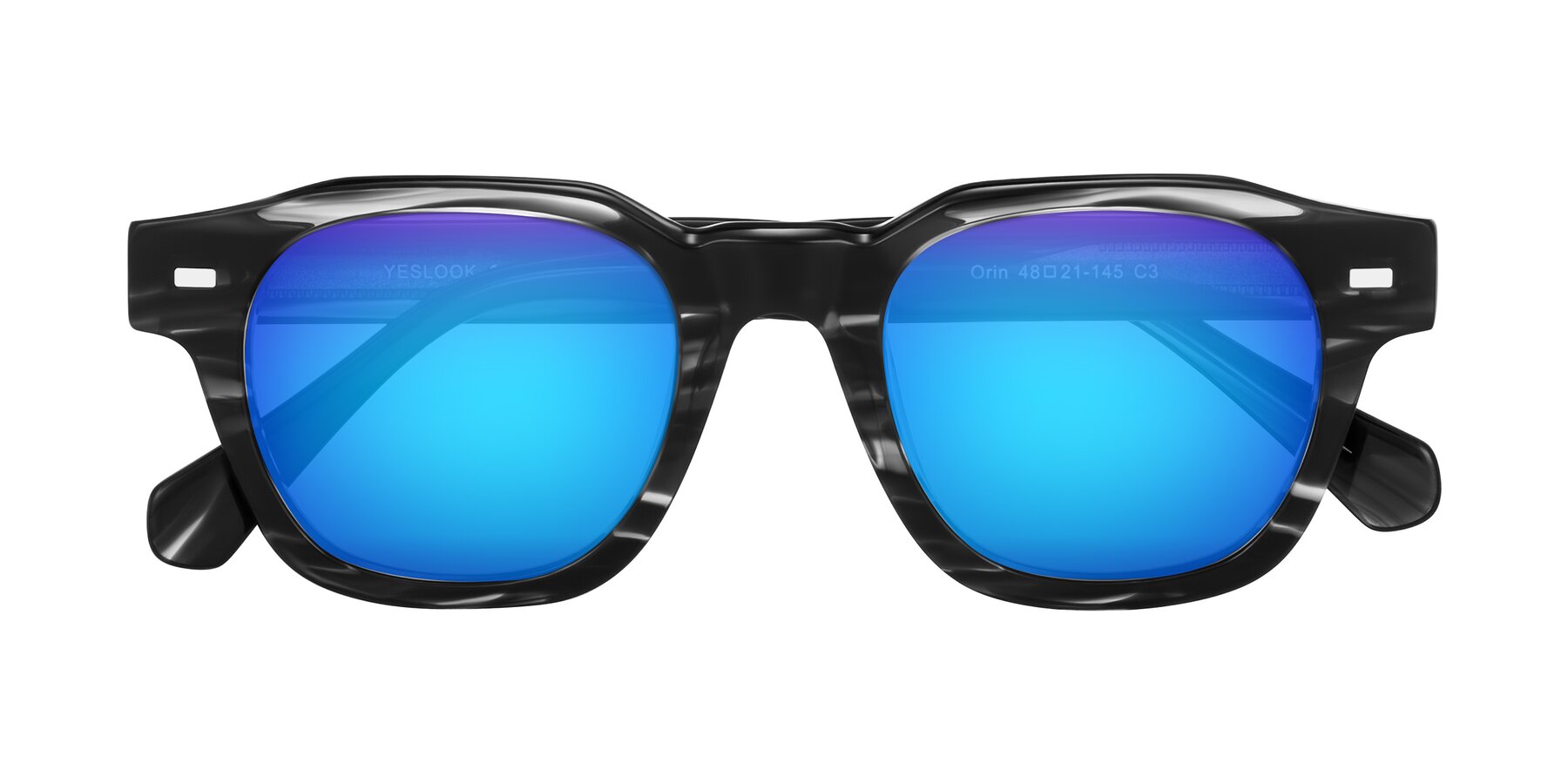Folded Front of Orin in Dark Gray Striped with Blue Mirrored Lenses
