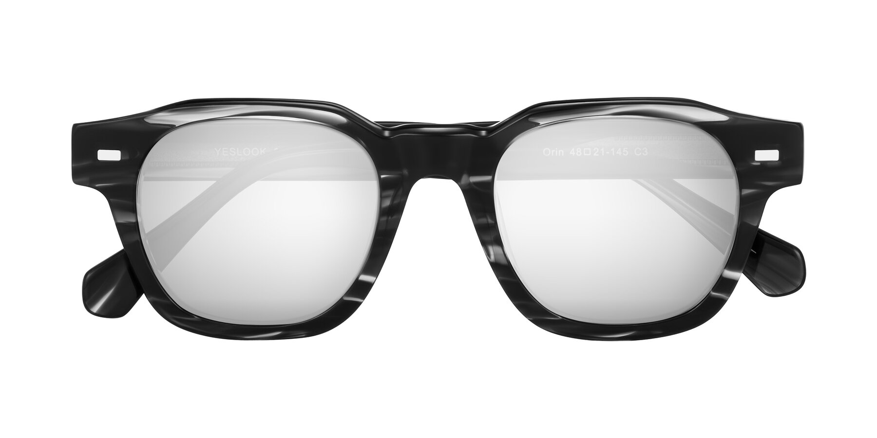 Folded Front of Orin in Dark Gray Striped with Silver Mirrored Lenses