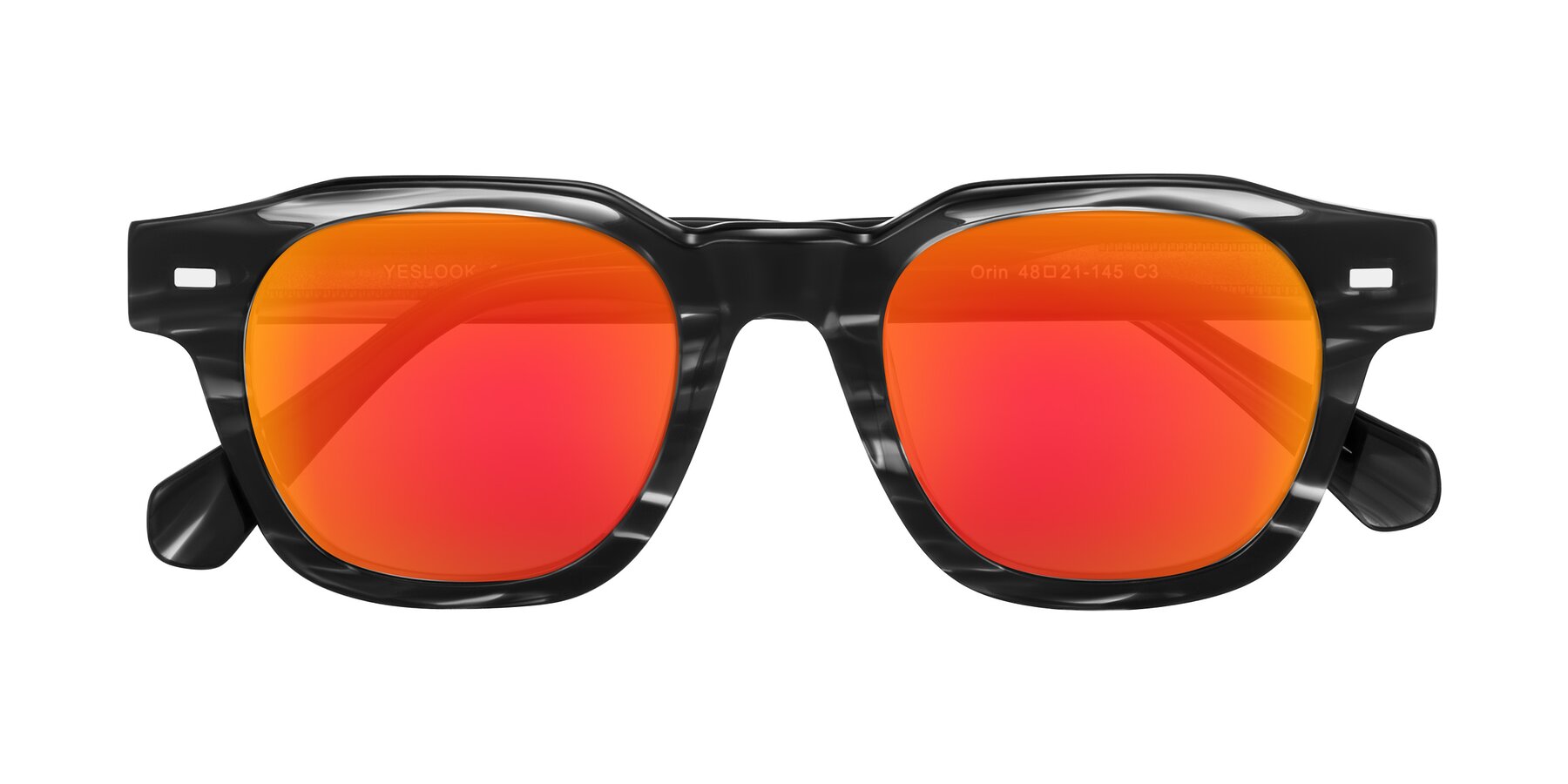 Folded Front of Orin in Dark Gray Striped with Red Gold Mirrored Lenses