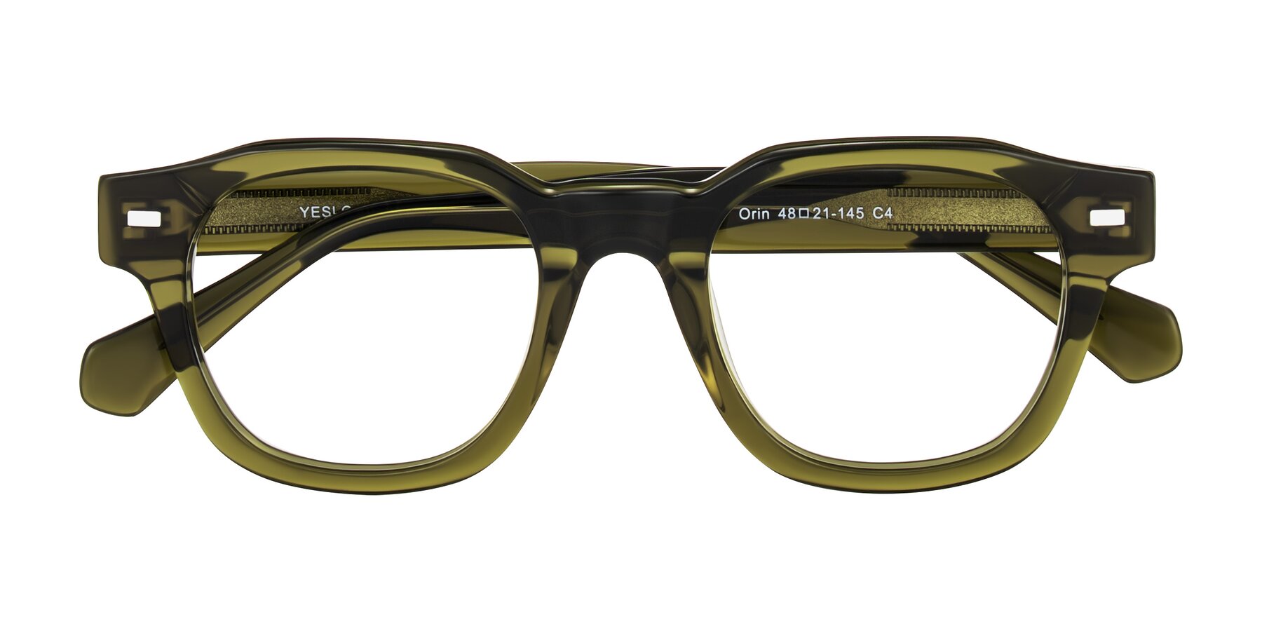 Folded Front of Orin in Translucent Olive Green with Clear Reading Eyeglass Lenses