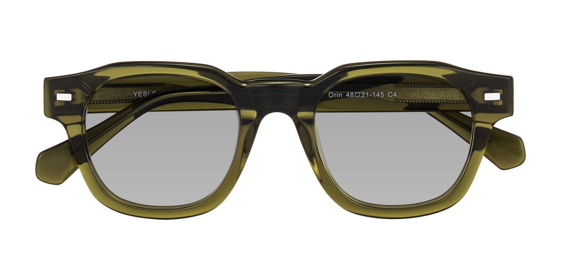 Folded Front of Orin in Translucent Olive Green with Light Gray Tinted Lenses