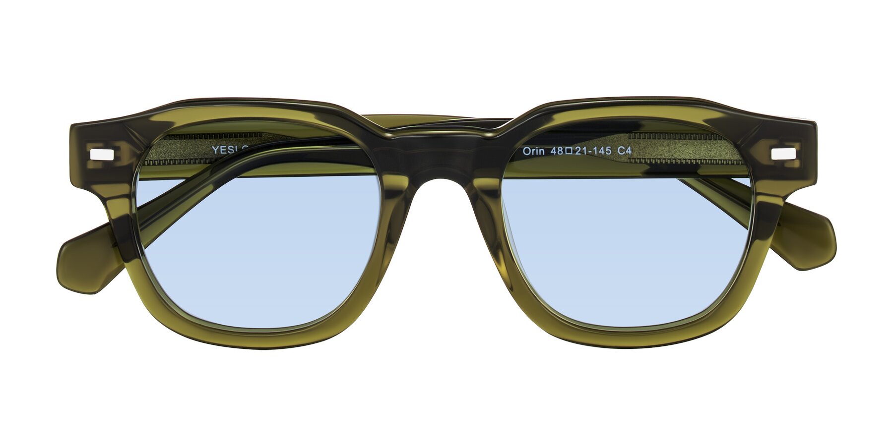 Folded Front of Orin in Translucent Olive Green with Light Blue Tinted Lenses