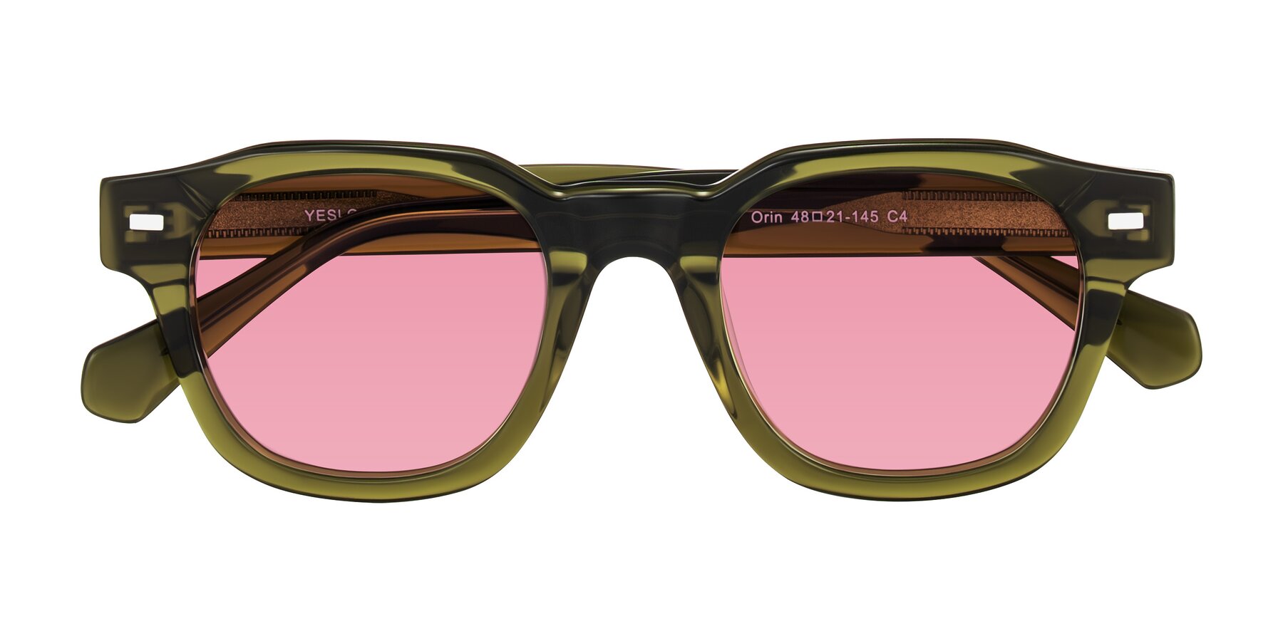 Folded Front of Orin in Translucent Olive Green with Pink Tinted Lenses