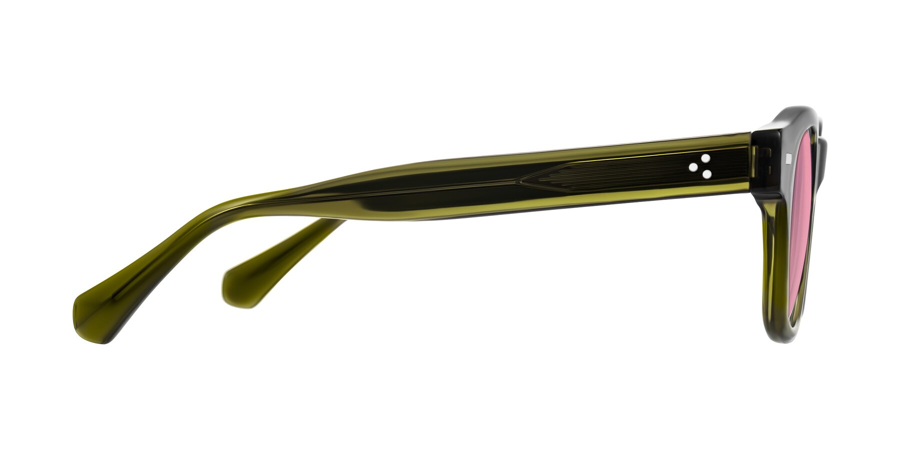 Side of Orin in Translucent Olive Green with Pink Tinted Lenses