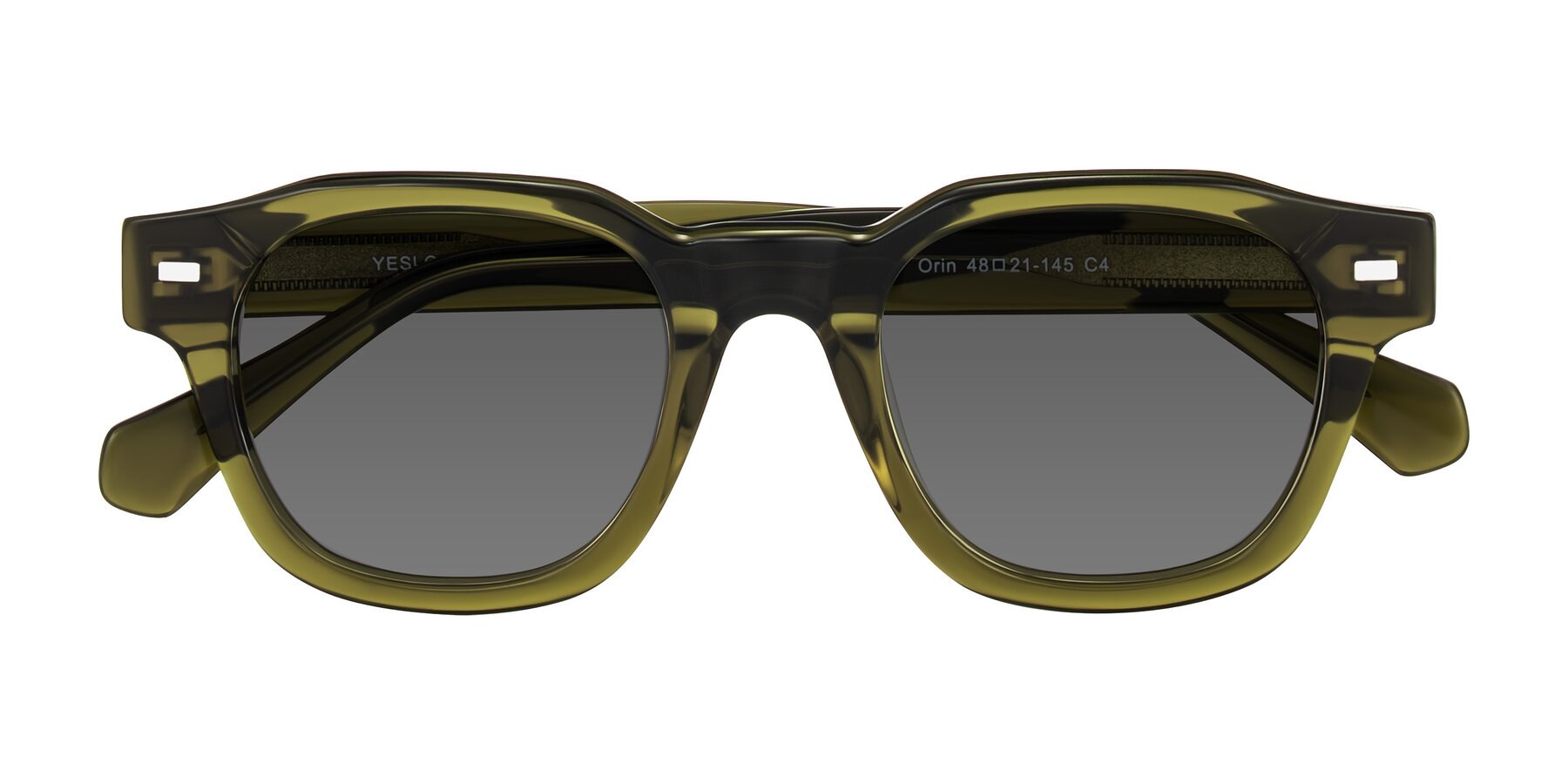 Folded Front of Orin in Translucent Olive Green with Medium Gray Tinted Lenses