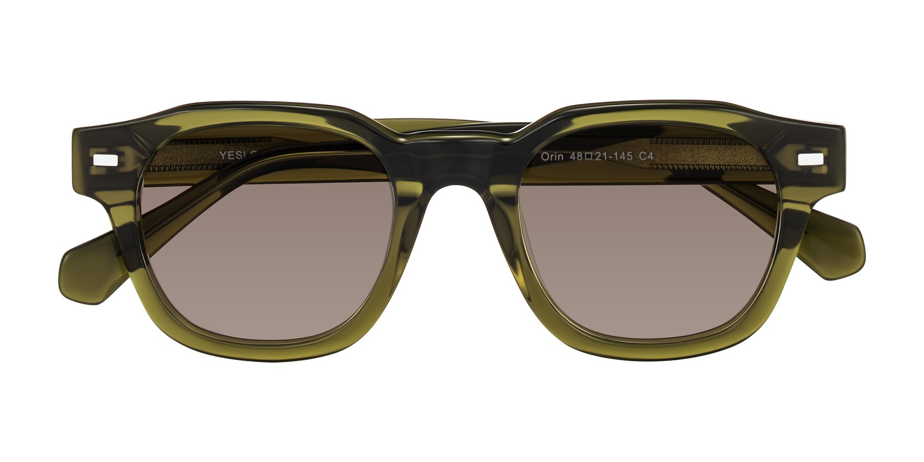 Folded Front of Orin in Translucent Olive Green with Medium Brown Tinted Lenses