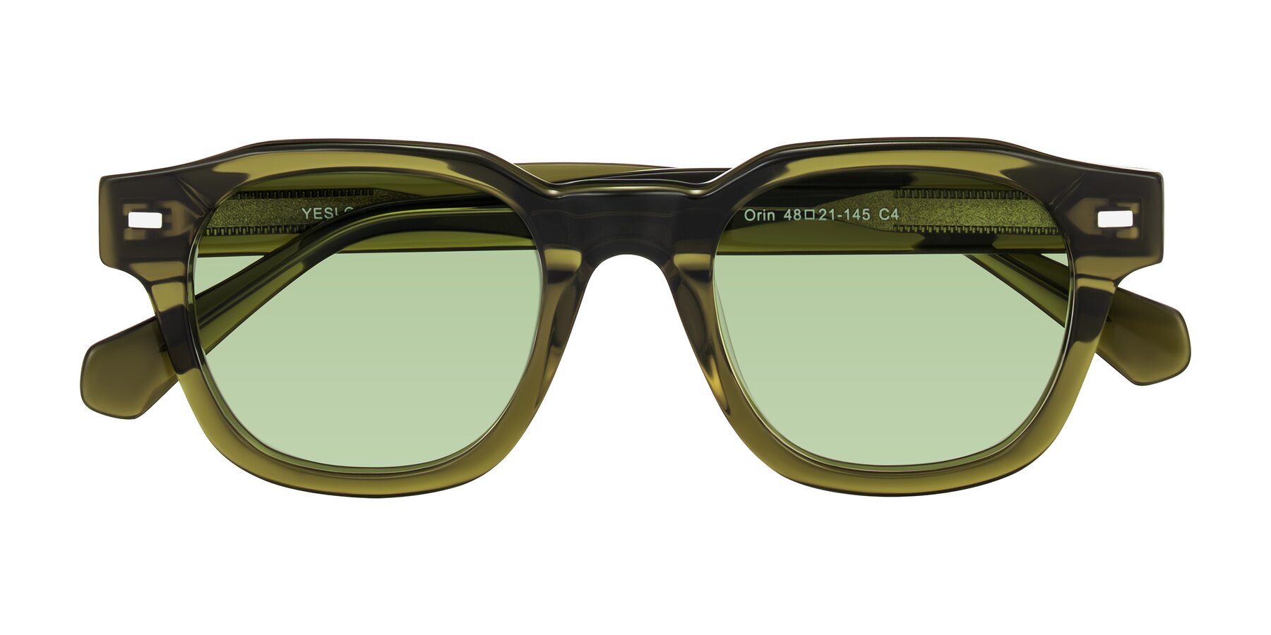 Folded Front of Orin in Translucent Olive Green with Medium Green Tinted Lenses