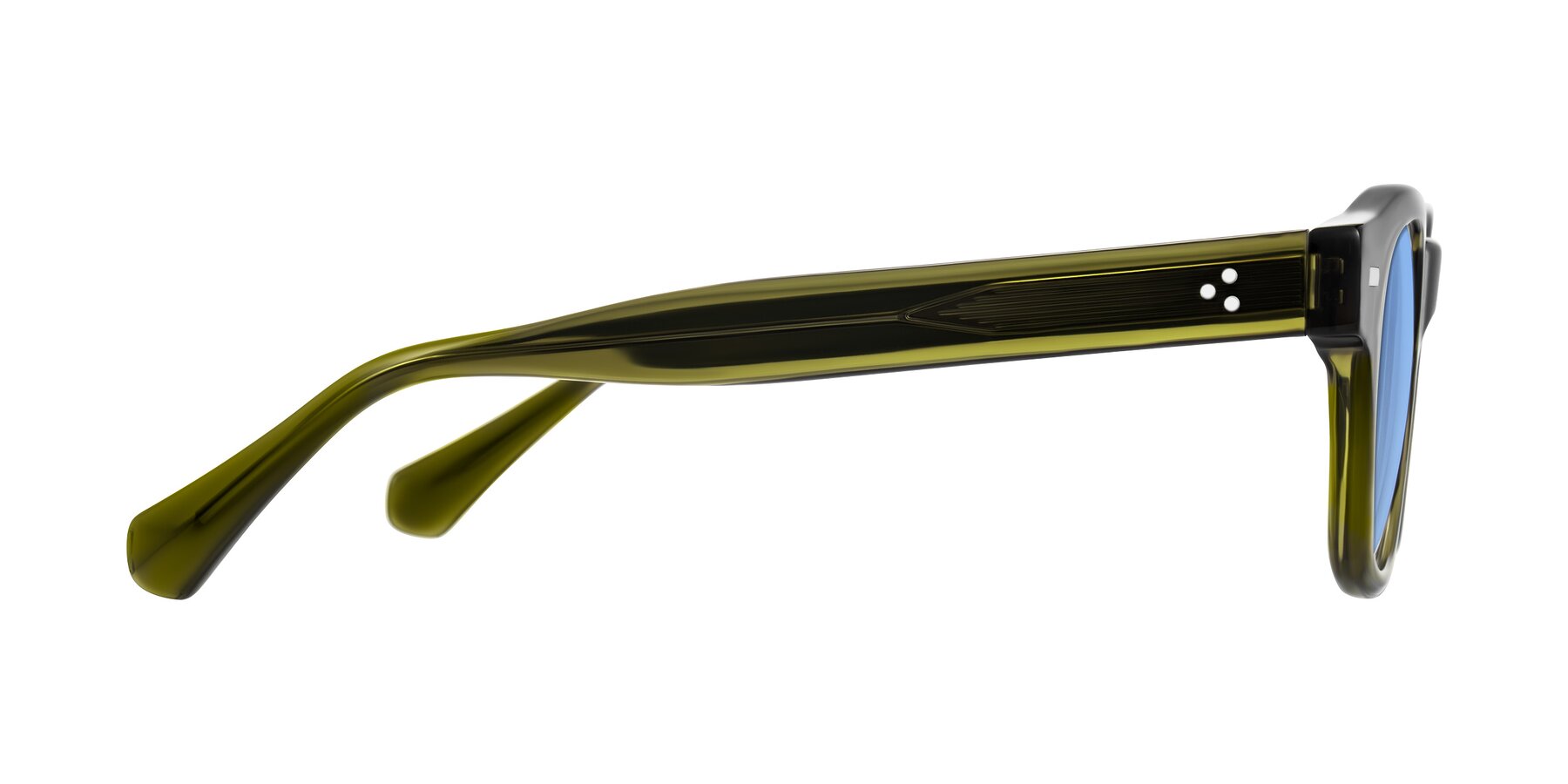 Side of Orin in Translucent Olive Green with Medium Blue Tinted Lenses