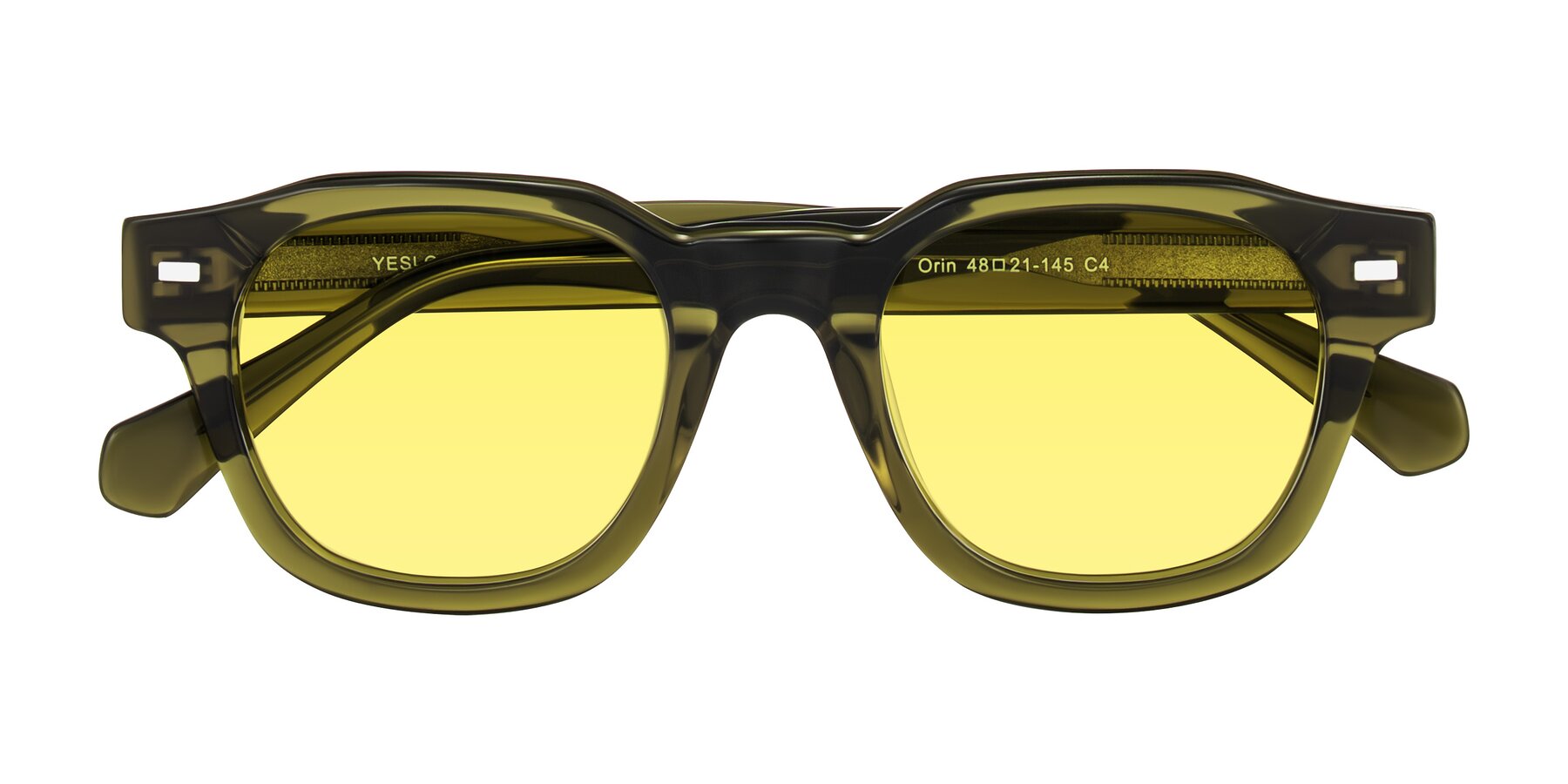 Folded Front of Orin in Translucent Olive Green with Medium Yellow Tinted Lenses