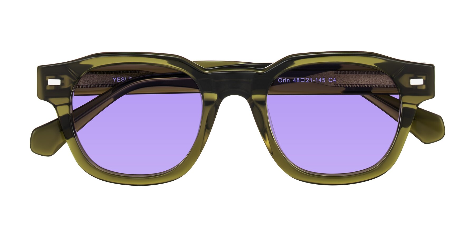 Folded Front of Orin in Translucent Olive Green with Medium Purple Tinted Lenses