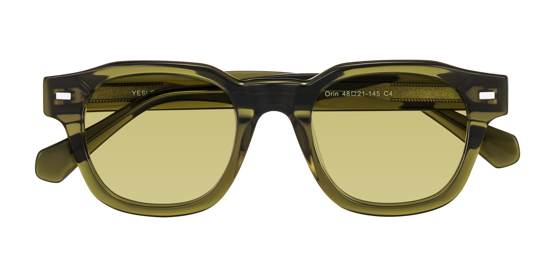 Folded Front of Orin in Translucent Olive Green with Medium Champagne Tinted Lenses