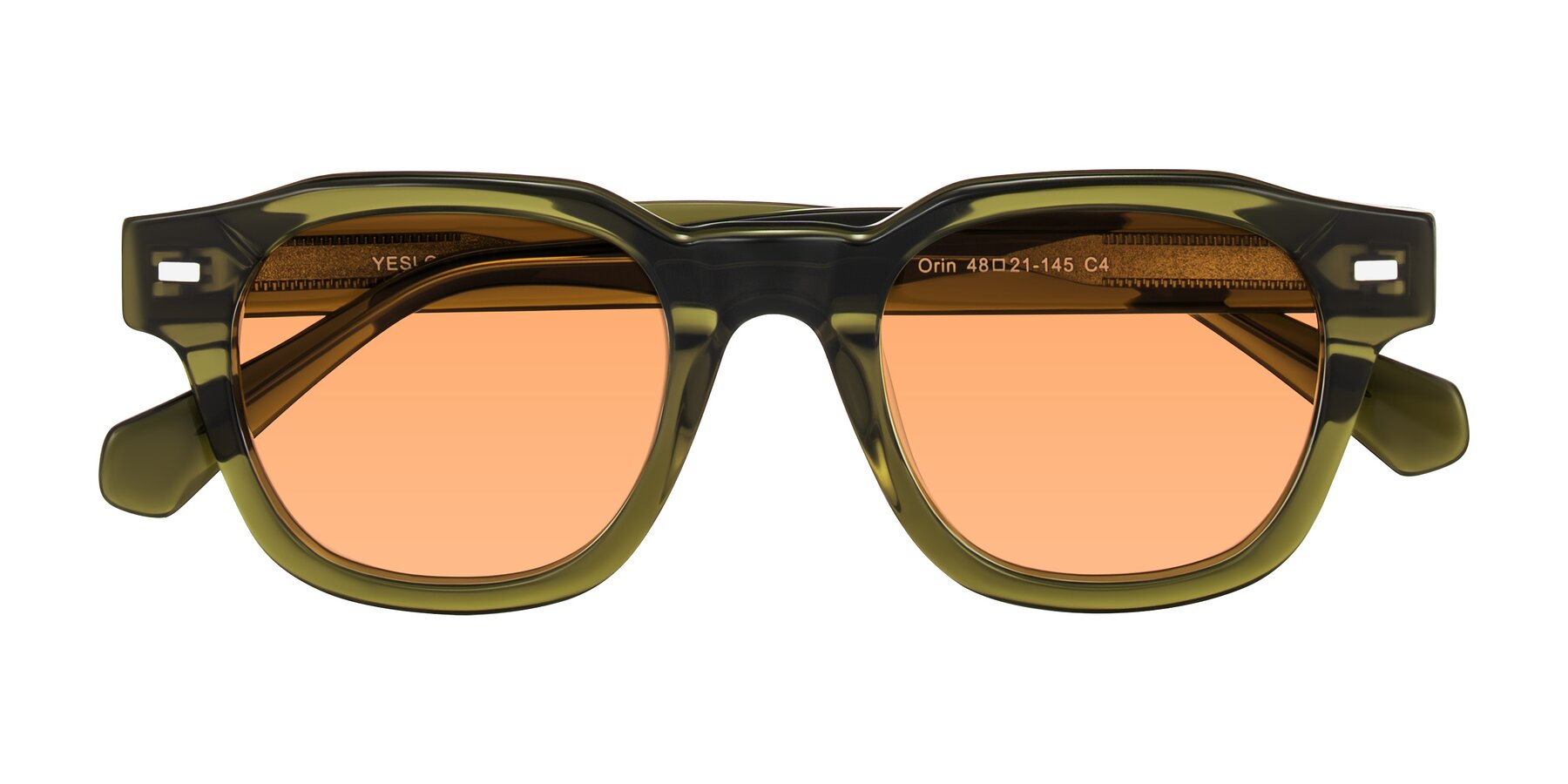 Folded Front of Orin in Translucent Olive Green with Medium Orange Tinted Lenses