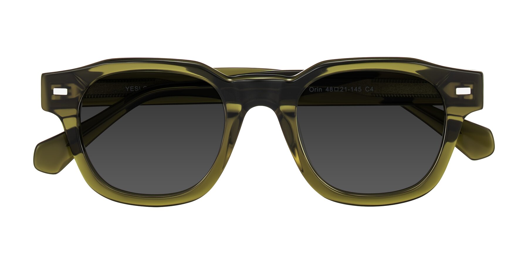 Folded Front of Orin in Translucent Olive Green with Gray Tinted Lenses